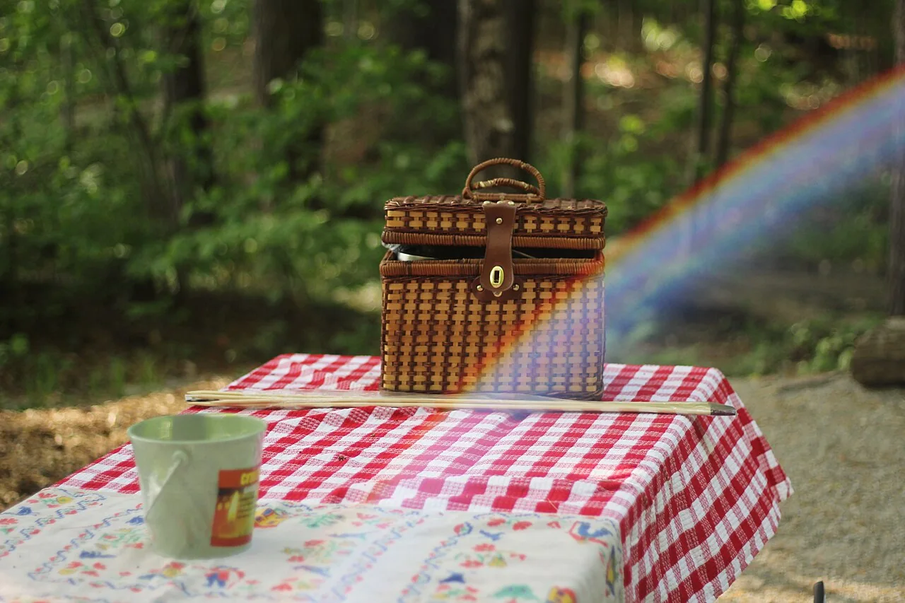 En picknickkorg på en rutig duk i gröngräset